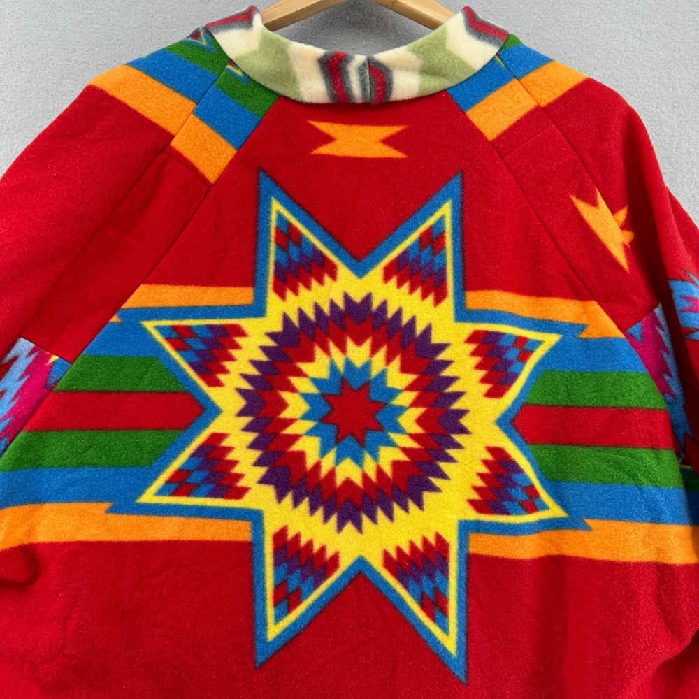 Aztec Southwestern Fleece Cardigan Handmade Jacket Red Colorful Star Pattern Y2K